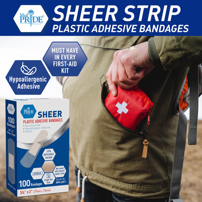 Sheer Plastic Adhesive Bandages – Sterile, Hypoallergenic, 100ct