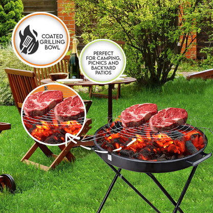 Round BBQ Charcoal Grill - Portable Outdoor Standing Grill