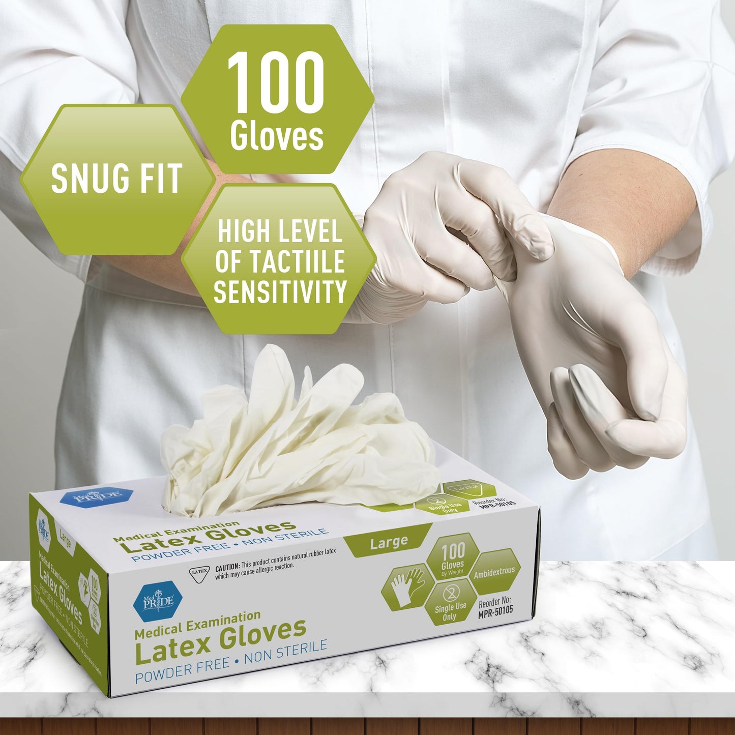 Powder-Free Latex Exam Gloves, Large, Box of 100