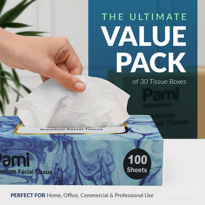 Premium Facial Tissues Ultra Soft 3 Ply - 30 Boxes of 100 Tissues