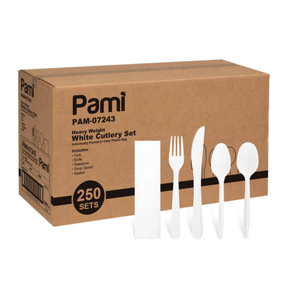 Heavy-Weight Disposable Plastic Cutlery Set – Fork, Knife, Spoon, Teaspoon & Napkin, 250 Sets