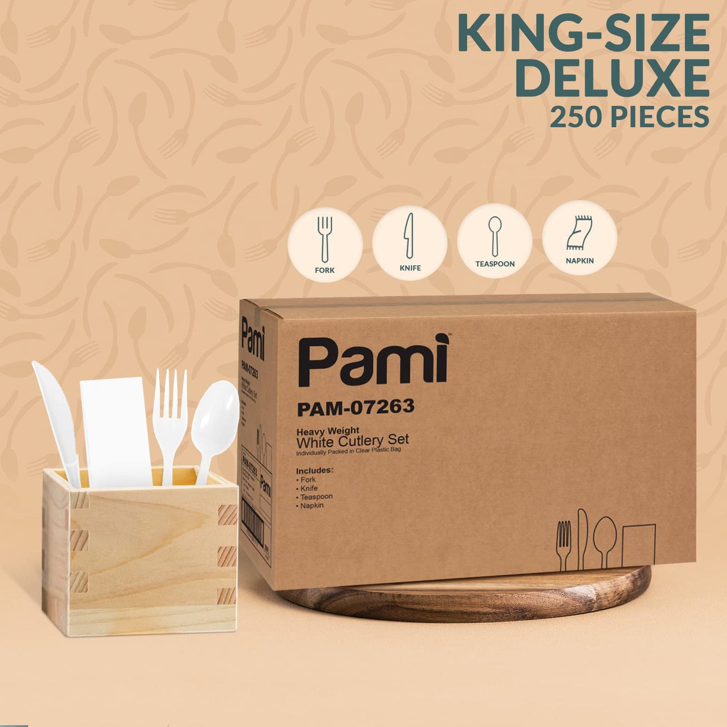 Disposable White Heavy-Weight Plastic Cutlery Set – Fork, Knife, Spoon & Napkin – 250 Sets