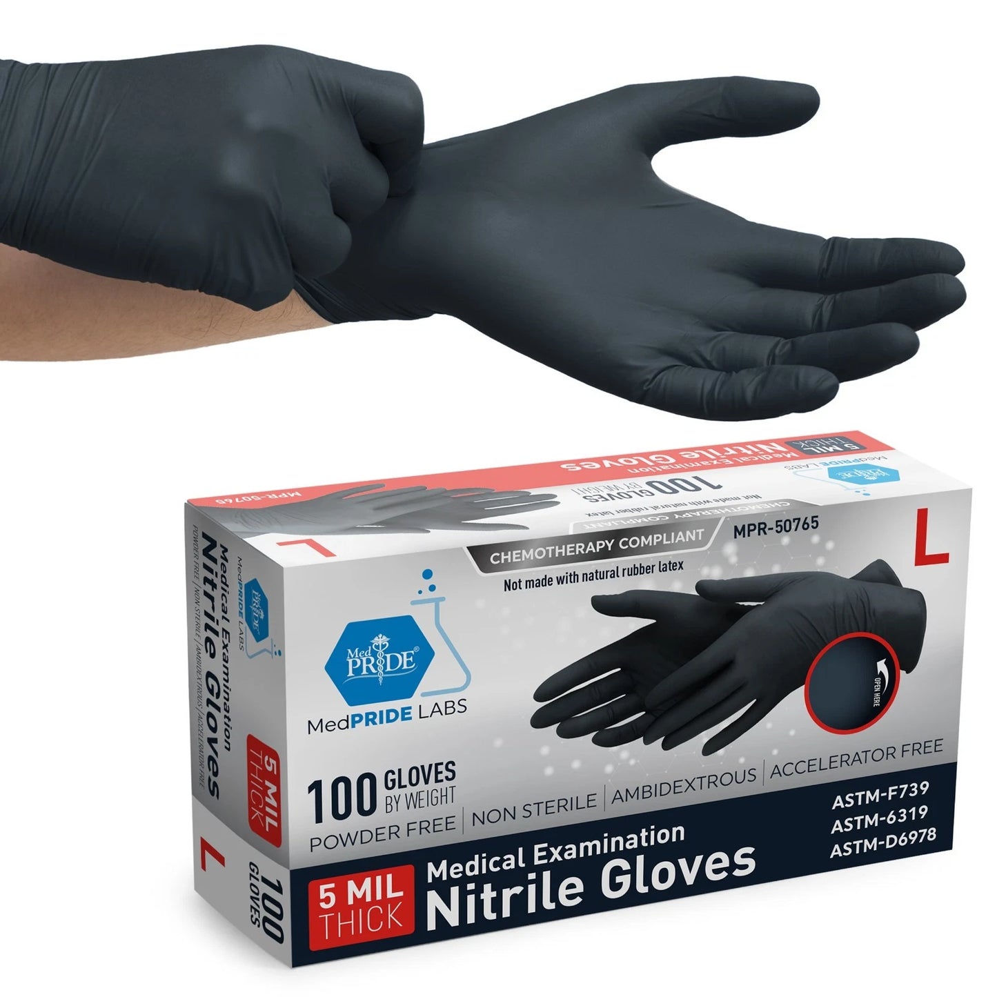 5 Mil Black Nitrile Examination Gloves, Chemo Compliant - Box of 100