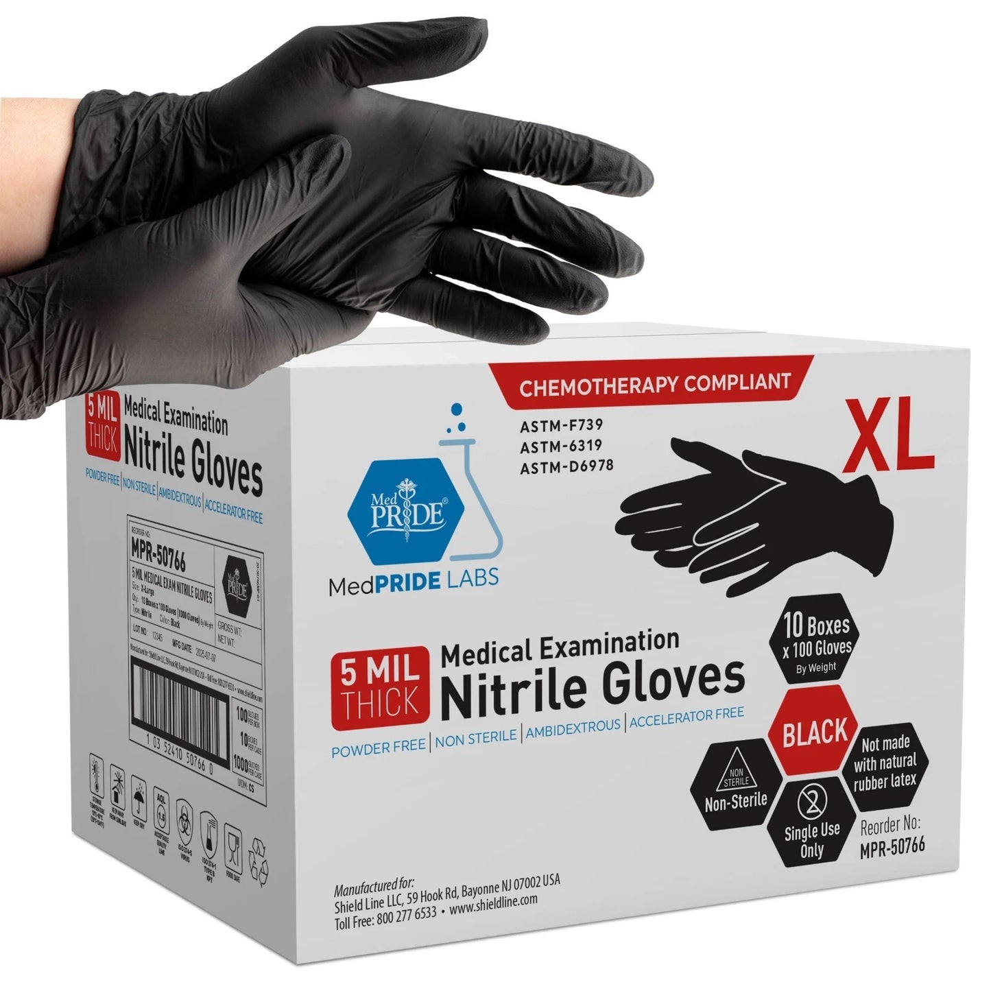 5 Mil Black Nitrile Examination Gloves, Chemo Compliant - Box of 100