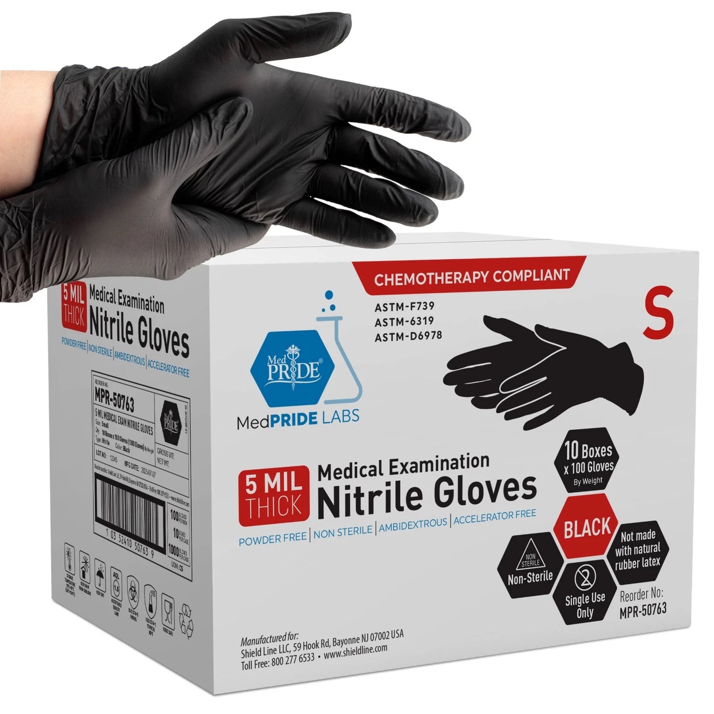 5 Mil Black Nitrile Examination Gloves, Chemo Compliant - Box of 100